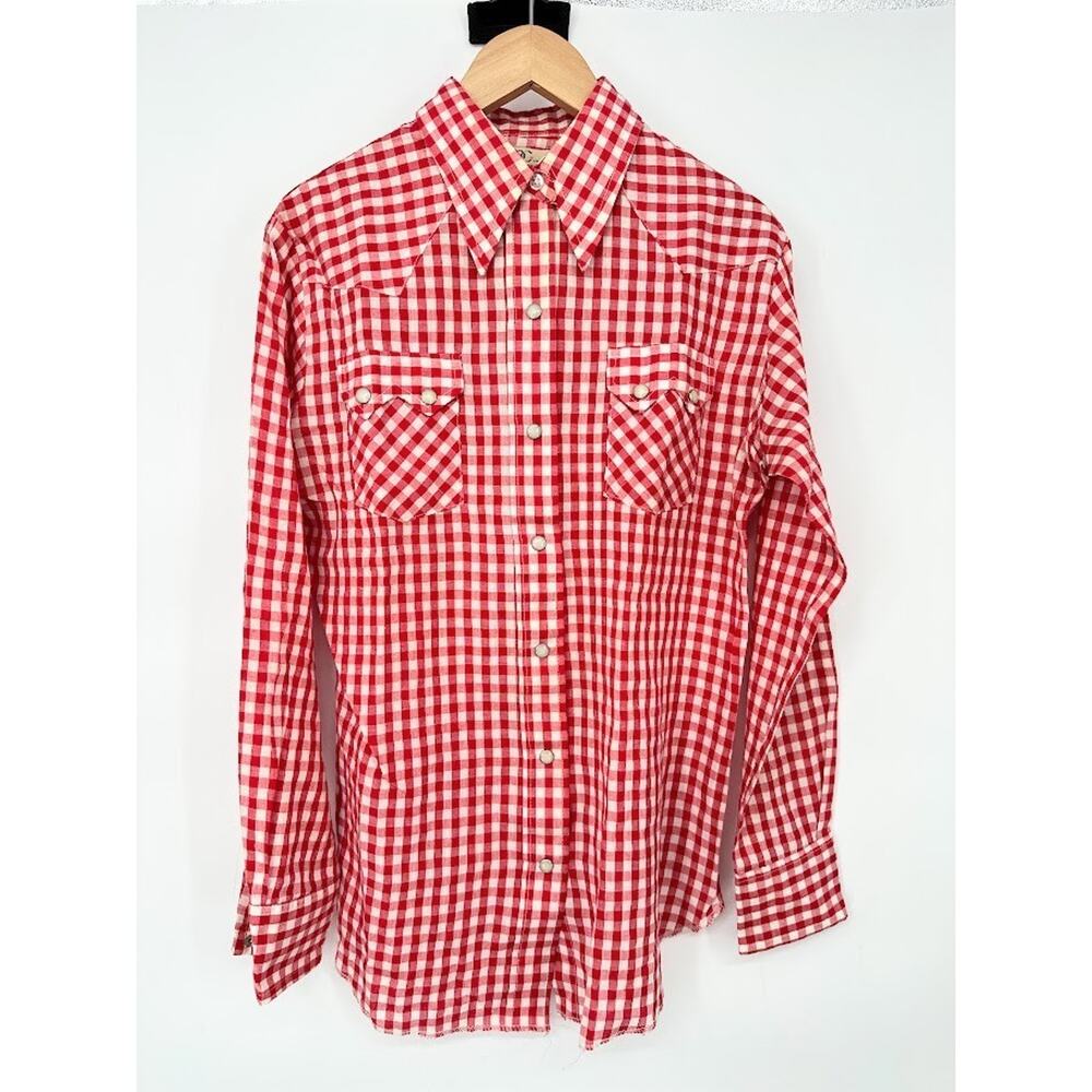 Vtg Dee Cee Shirt Pearl Snap Western Red Gingham Plaid Small Mens 15/16 Cowboy